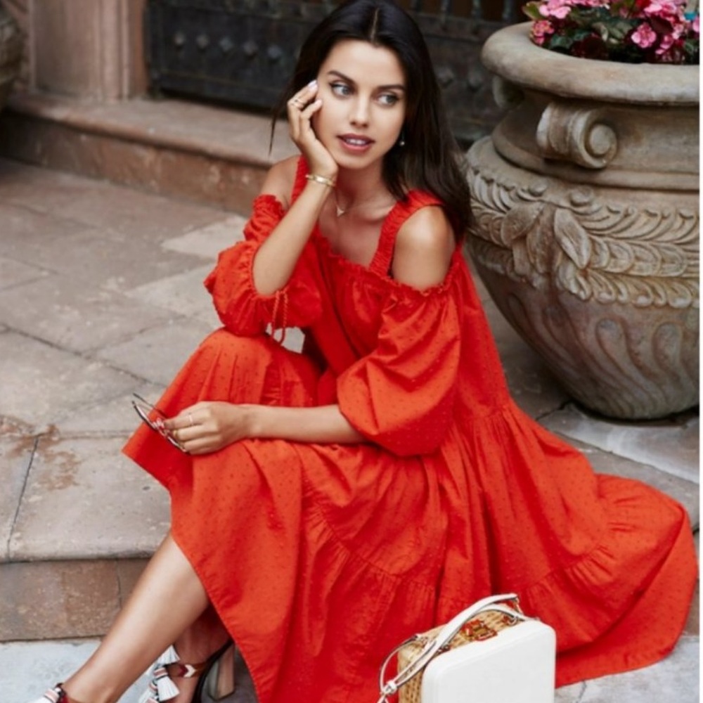 nwt h&m red boho tiered off the shoulder dress with tassels sz 2